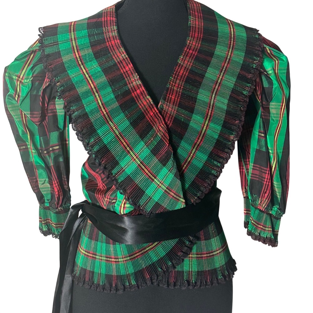 Vtg 80s Charles Glueck Plaid Wrap Blouse Tartan Ruffle Puff Sleeve Bolero sz 8